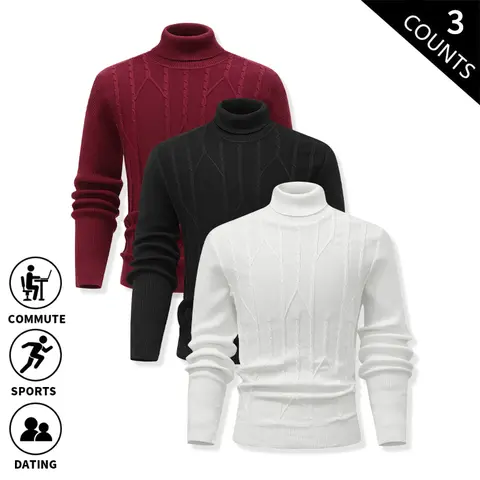 3-pack new men’s cable-knit high-neck sweaters, featuring a fine, stretchy knit fabric and a slim fit; essential trendy layering pieces for autumn and winter, with a premium minimalist design.