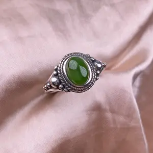 S925 Silver Mounted Hetian Jade Ring Retro Aged Nepalese Female Accessory Spinach Green Pure Jade Without Black Spots
