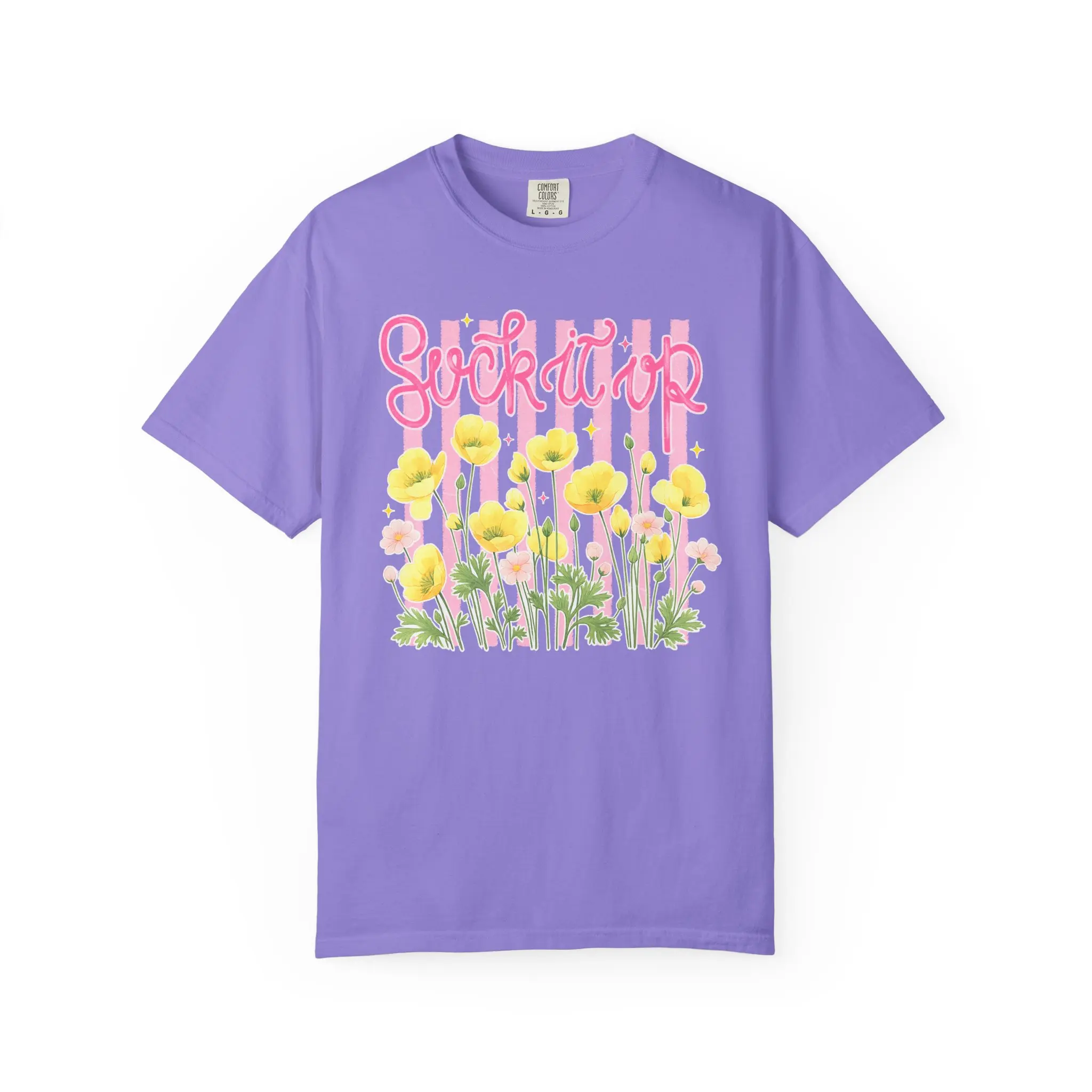 Men's Short-Sleeve Cotton Loose-Fit T-Shirt - "Suck It Up Buttercup" Floral Script, Yellow Poppy Garden Graphic, Comfort Colors Direct-to-Garment Tops, Shortsleeve, Floral T-Shirts, Baggy, Fabric, Funny
