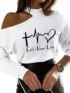Autumn Winter New Casual Heart Print T-Shirt, Shoulder Cut Out Sexy Top, Long Sleeve Fitted Shirt, Casual Classy Top, All Seasons Fashion