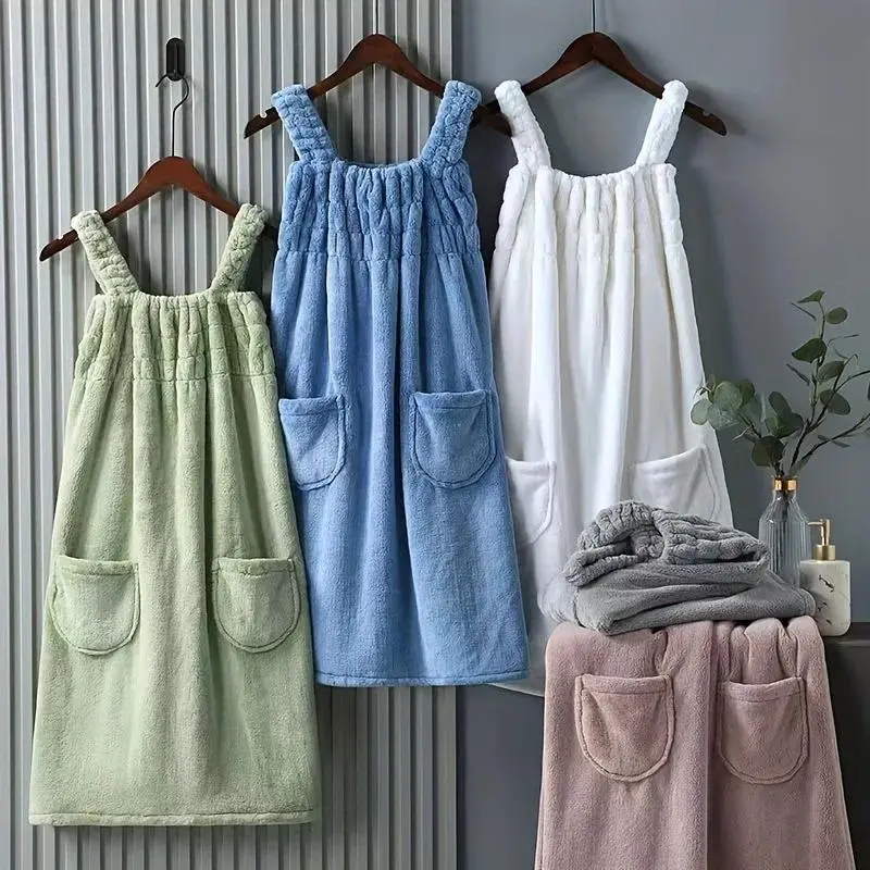 Women's Spa-Soft Fleece Wearable Bath Wrap Towel - 1pc, 90cm Ultra-Water-Absorbent Rapid-Drying, 2-Pockets, Straps-Equipped, Travel-Ready Robe, Shower/Dorm/Home Bathroom Supply Gift, Body Wrap