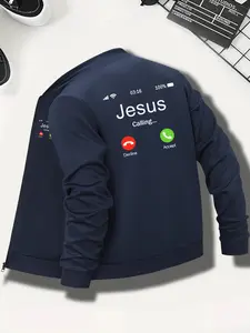 Calling Jesus Casual Men's Zipper Jacket, Fitted Spring & Fall Outerwear, Stylish Geometric Graphic Light Jacket, Moderate Fabric Thickness, Casual Fashion Jacket