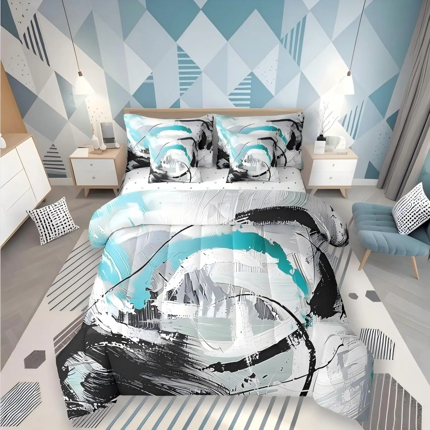 Feelyou 7-Piece Teal Microfiber Luxe Soft Bed-in-a-Bag Comforter Set, Multi-Size Bedroom Bedding Set with Gradient Black-White-Grey-Cyan Abstract Ombre Sheets, Contemporary Art Brush Oil Painting Design, Microfiber Bedding Set, Soft Bedding Sets