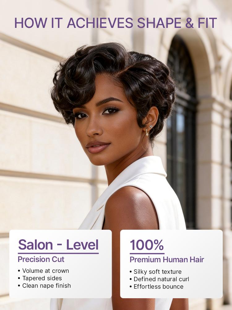 LUVME Short Pixie Cut Wig for Women, Glueless Pre-cut T-Part HD Lace Front, Natural Black Roll Curl Human Hair, Lightweight & Beginner Friendly, Pre-Cut Lace