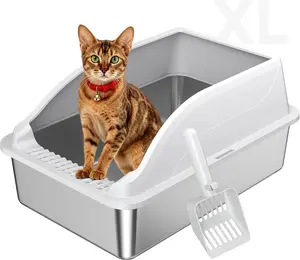 Stainless Steel Cat Litter Box, Extra Large XL Odor Free Metal Litter Box with High Sides Lid, Open Top Litter Pan Include Scoop Easy Cleaning Kitty Cat Box Anti-Urine Leakage, Non-Sticky