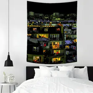 Modern City Skyline Nightscape Tapestry - Artistic Urban Landscape Wall Hanging for Bedroom & Living Room, Cityscape Background Fabric Decor, Soft and Durable Fabric