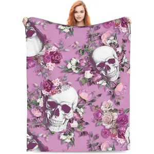 Couch Skull Rose Pink Purple Flannel Fleece Bed Blanket Throw Blanket Lightweight Cozy Plush Blanket for Bedroom Living Room Sofa