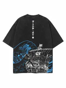 Going Merry Great Wave Graphic Tee - One Piece Acid Wash Oversized T-Shirt, Vintage Luffy Anime Streetwear Shirt