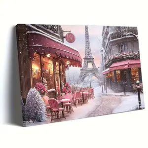 1 Piece Wooden Frame Canvas Painting - Winter Paris Street Eiffel Tower, Home Decoration Frame Wall Art Print, Ideal Valentine's Day Gift
