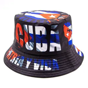 Black Cuba Flag bucket hat red blue and white Summer Cotton Silk