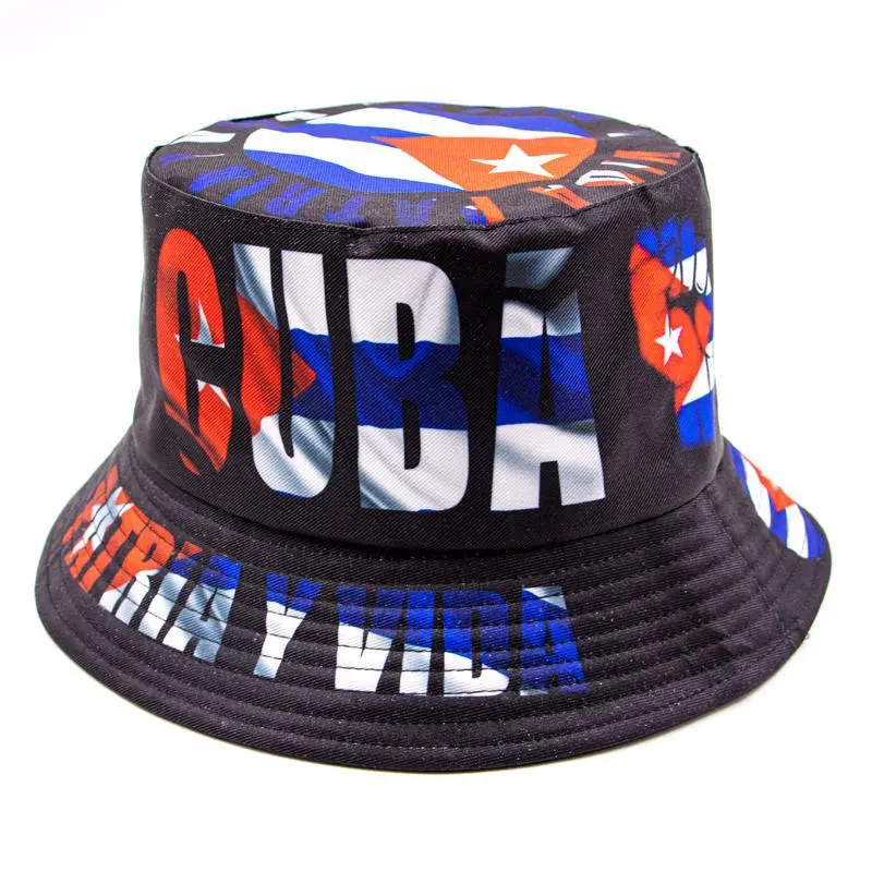 Black Cuba Flag bucket hat red blue and white Summer Cotton Silk