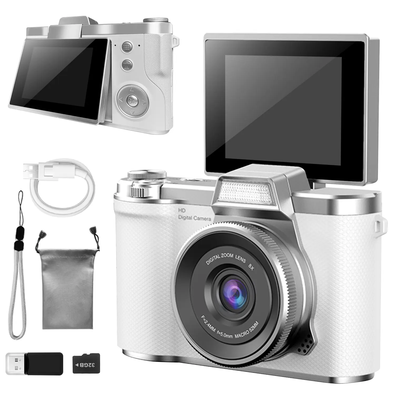Flip Cover Digital Camera, Simple Operation Interface, Multiple Filters, Suitable for Various Scenarios, Includes 32GB Memory Card