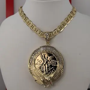 (C19) 14K Gold Plated Eagle Big Coin Pendant with Rhinestone for Men with 24in GG Chain
