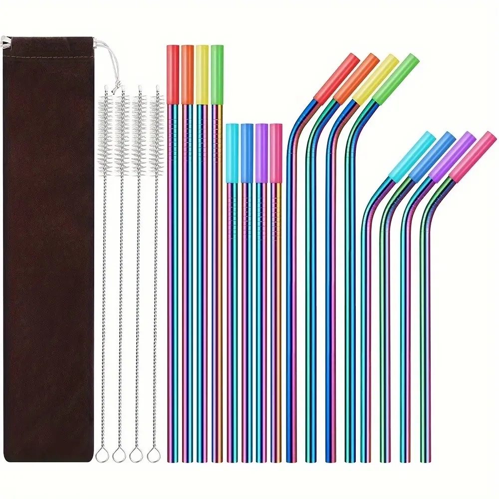37-piece Stainless steel 304 straws, Set Including 8 Straight Straws & 8 Bent Straws, Straw Combo, Reusable Metal Straws with Cleaning Brush , Dishwasher Safe Utensils, Drinking Straws