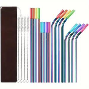 37-piece Stainless steel 304 straws, Including 8 Straight Straws & 8 Bent Straws, Reusable Metal Straws with Cleaning Brush , Dishwasher Safe