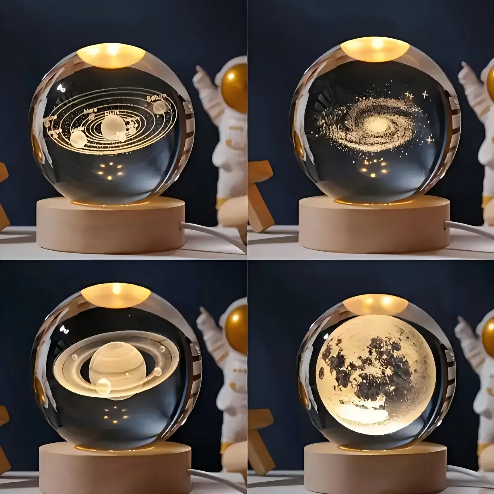 Glowing Crystal Ball 3D Inner Carved Small Crystal Ball Light with Wood Base, Decorative Creative Gift Luminous Crystal Ball for Christmas Classmates