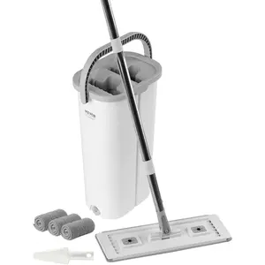 VEVOR Mop and Bucket with Wringer Set, Wet & Dry Use, Flat Mop and Bucket System with 3 Washable Microfiber Pads, Flat Mop with Stainless Steel Handle, Mop Bucket Set for Hardwood Tile Vinyl