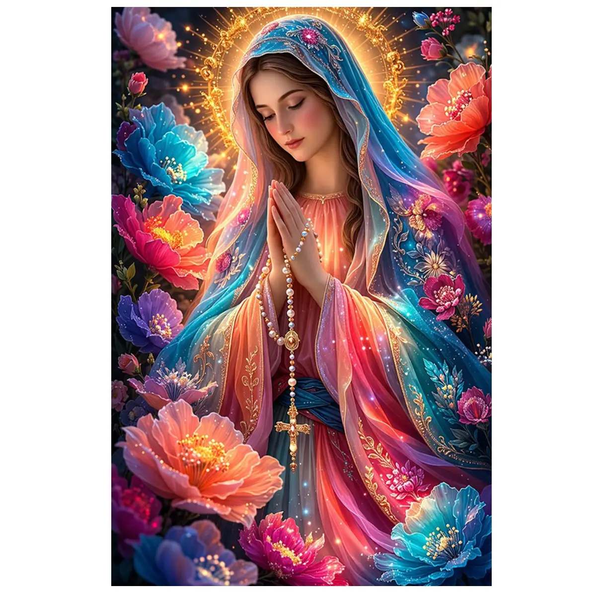 5D Diamond Painting Kit Virgin Mary Praying with Colorful Flowers Full Round Diamond Mosaic Cross Stitch Handmade Gift Embroidery Art,  DIY Craft for Adults,  Home Wall Decor, Handicraft, Diy Diamond Arts