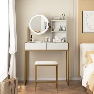 Small Vanity Desk with Mirror and Lights, Makeup Vanity Table with LED Mirror, 3 Lighting Modes, Power Outlet, Drawer, Open Shelves and Cushioned Stool for Bedroom (White and Gold/White and Black/White)