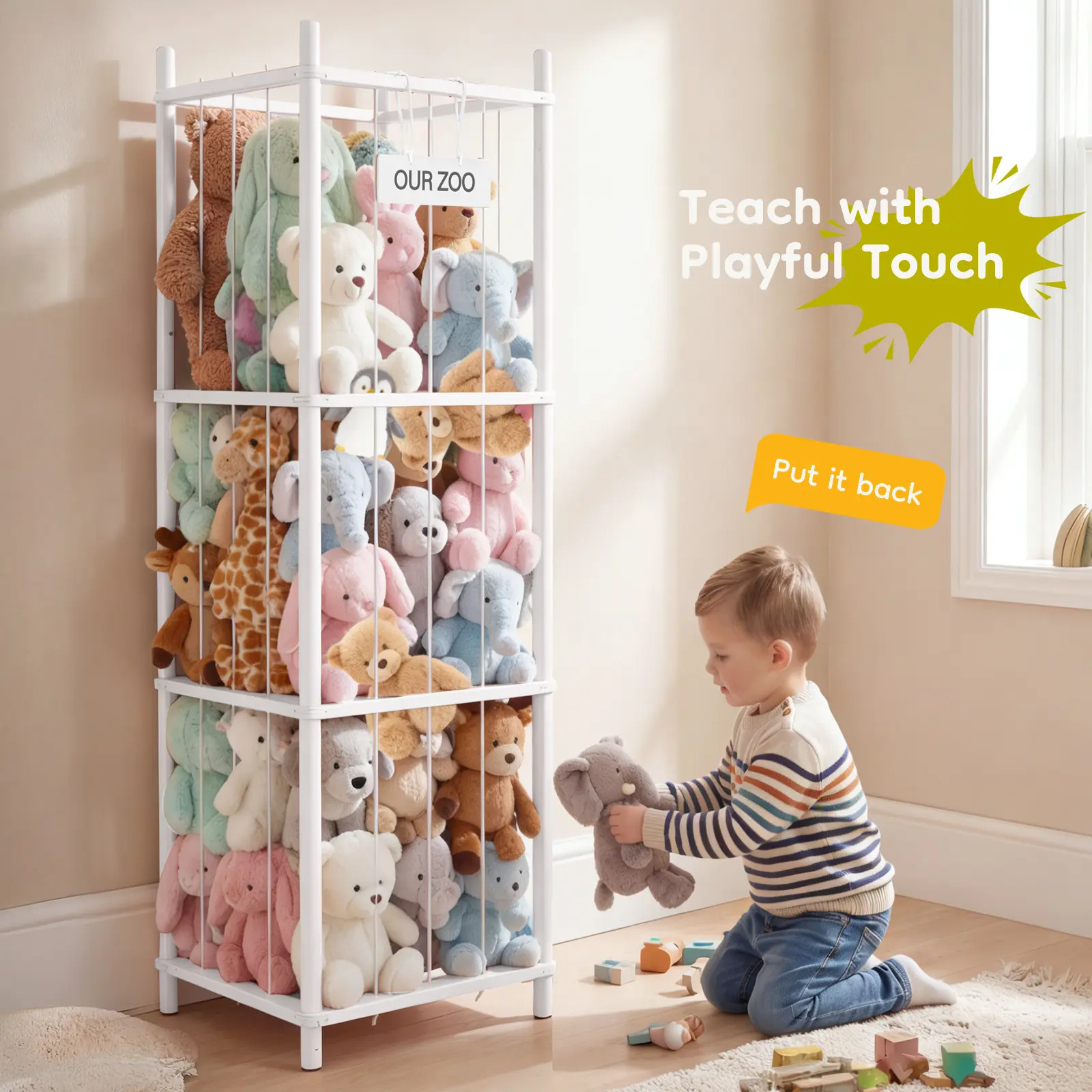Toy Storage Organizer, Wooden Plush Toy Cage Holder Holds Over 40 Stuffed Toys, Sturdy Wood and Steel Screw Construction for Toddler Room, Playroom and Bedroom, White