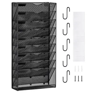 VEVOR Hanging Wall Files Organizer, 10-Tier Vertical Wall File Holder, Metal Wall Mounted Magazine Mail Paper Document Storage Folder, with Nametag Label, Bottom Flat Tray, for Office Home & School