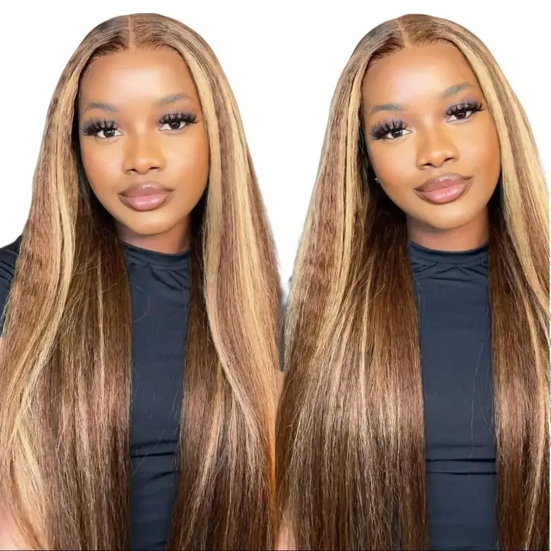 Women's Thick Honey Blonde P4/27 Highlight 13X4 Lace Front Yiki Straight Human Hair Wig, Prelucked with Baby Hair, Ideal for Wedding & Birthday Events