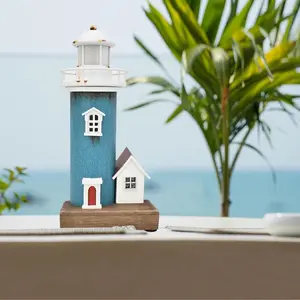 8.5" H Wood Lighthouse Decor, Handcrafted Nautical Decor Lighthouse Figurine with LED Light, Wooden Light House Sculpture Table Top Centerpiece Beach Decorations