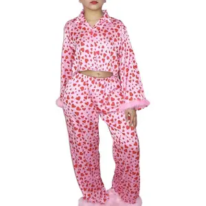 Women’s two-piece pajama set with feather trim, casual loose fit, lapel collar button-down shirt top, long pants, heart print, Valentine’s Day loungewear sleepwear, women’s crop pink elastic