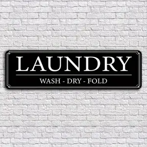 Waterproof Metal Aluminum Laundry Sign - 16"x4" (40x10cm) Hook-Mounted Wall Art with "Wash Dry Fold" Text - Durable Home, Cafe, Restaurant & Garage Decor - Black Background & White Lettering, Laundry Room Decor, Cafe Signage, Circular Corner Sign, Sleek M