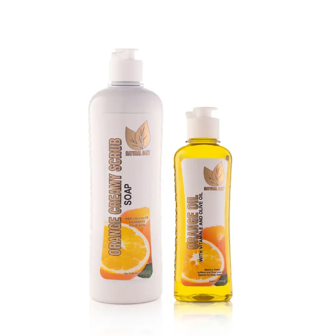 NaturalSant Orange Creamy Scrub & Massage Oil Set - 500ml Exfoliating Body Scrub & 250ml Moisturizing Oil for Sensitive Skin Care