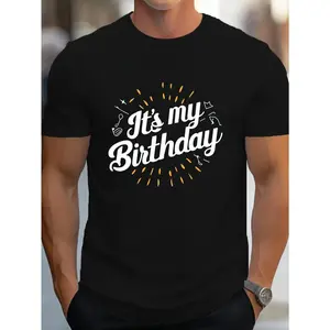 Men's Short-Sleeve "It's My Birthday" Round Neck Tshirt, Bold White & Golden All-Over Print, Confetti & Balloon Motif, Slight Stretch, Black Streetwear, Casual All-Season Top, Ideal for Birthday Parties
