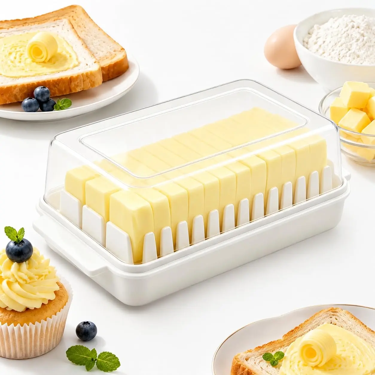 Butter Dish With Lid, Butter Storage Container with Divider Guide, Butter Keeper with Clear Lid, Refrigerator Butter Dish for Stick Butter, Cheese Margarine Kitchen Food Storage Box