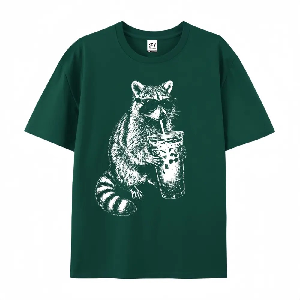 Raccoon Drinking Iced Coffee MEME Oversized Casual Men's Letter Pattern Printed T-Shirt