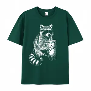Raccoon Drinking Iced Coffee MEME Oversized Casual Men's Letter Pattern Printed T-Shirt
