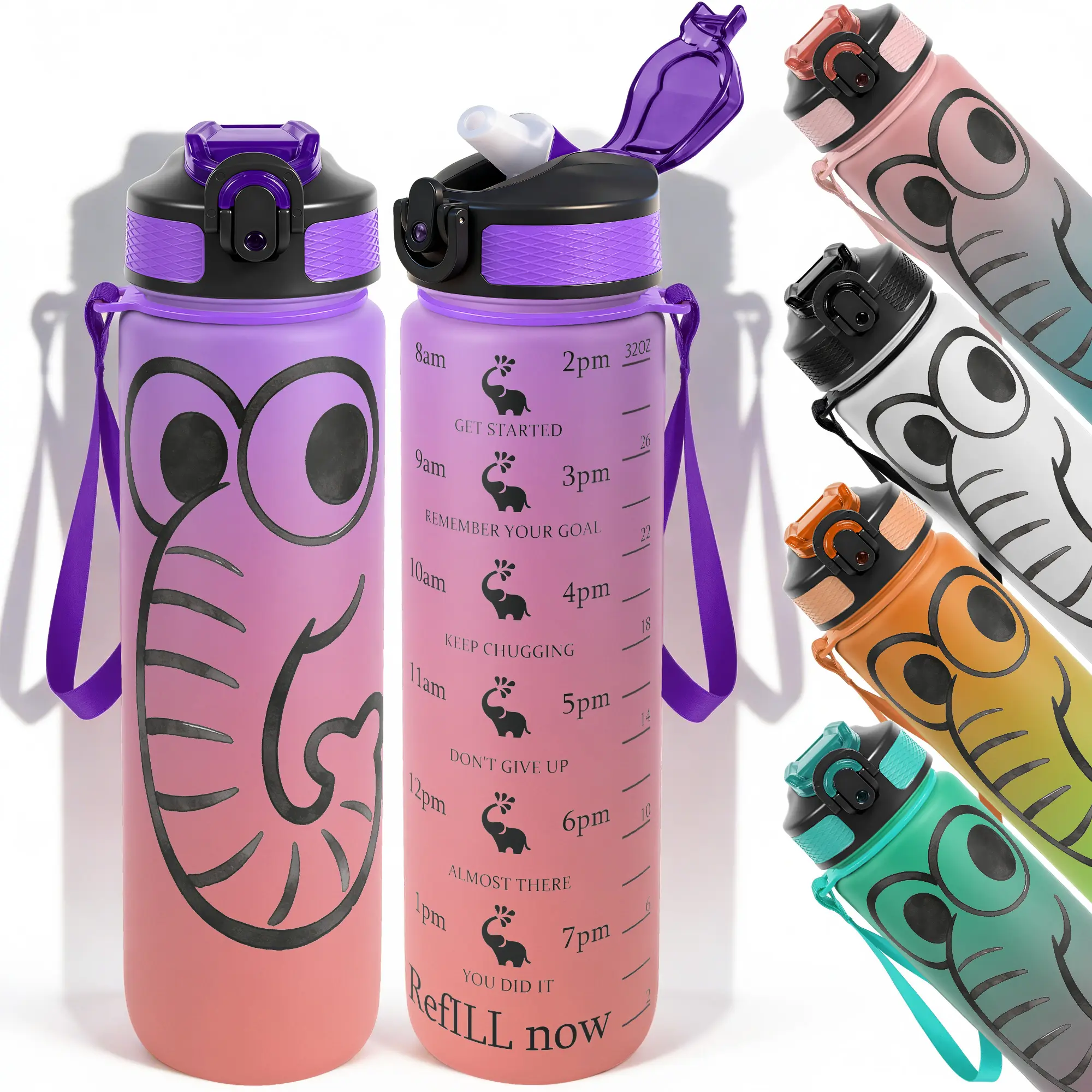 1pc,32oz Water Bottle cute cartoon elephant water intake tracker Design Durable  Leak-Proof 1000ml Time Marker Water Bottle - Shatter-Resistant for Sports, Fitness, Hiking & Outdoor Travel - Lar