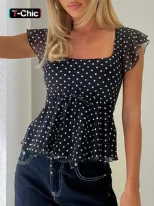 Chiffon Polka Dot Crop Top Women Cute Babydoll Daily Outfit Blouse Summer Tops Womenswear