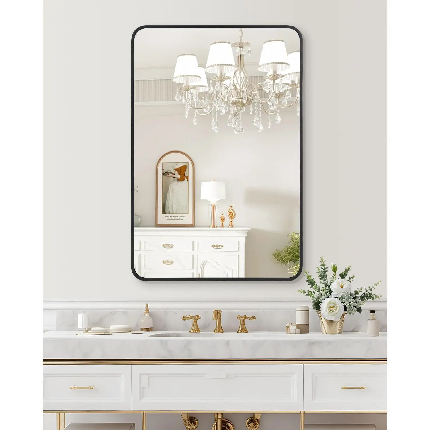 【GARVEE】2024 New Wall Mount Bathroom Mirror, 24 x 36 Inch HD Eco-Friendly Matte Black Metal Frame, Rounded Corner, Hangs Horizontally or Vertically, Bathroom, Nursery, or Entryway