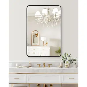 GARVEE 2024 New Wall Mount Bathroom Mirror, 24 x 36 Inch HD Eco-Friendly Matte Black Metal Frame, Rounded Corner, Hangs Horizontally or Vertically, Bathroom, Nursery, or Entryway