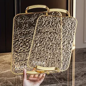3 Piece Transparent Gold Rim Rectangular Tray Set Large Medium Small Size with Handles PTE Material for Fruit Dessert Pastry Party Festival Dining E52