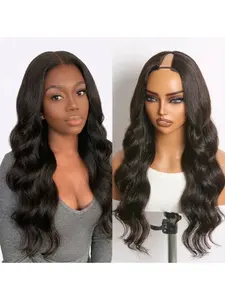 V Part Wig Human Hair Body Wave Upgrade U Part Human Hair Wigs With  No Leave Out No Sew In Glueless V Shape Clip In Half Wig For Black Women Natural Black 16-32 inch