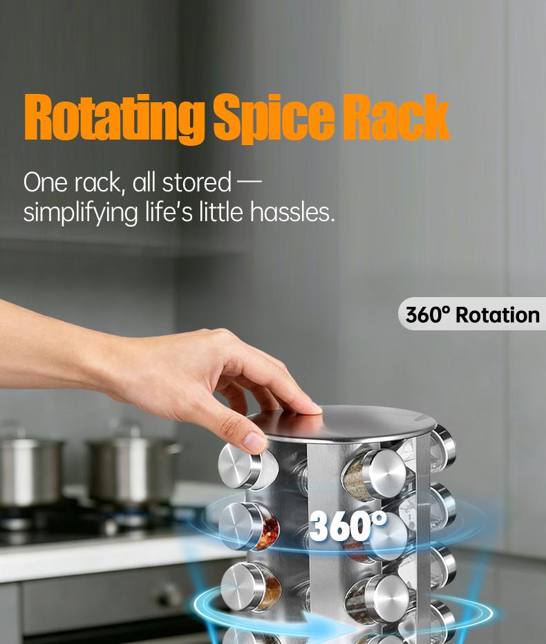 New multifunctional rotating kitchen spice rack & seasoning storage box set, 360° rotating design, stable basewhite cap
