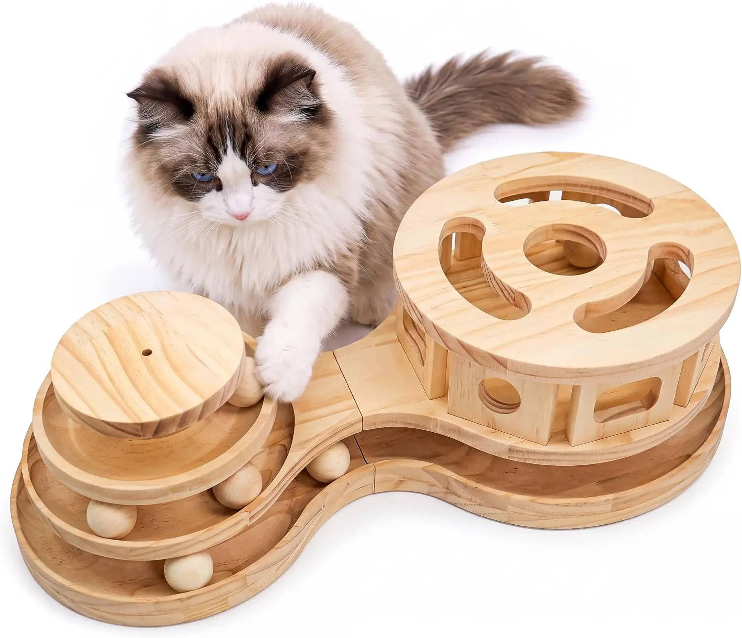 Cat Ball Track Toy with Puzzle Box, Wooden Cat Toys for Indoor Cats with Spinning Balls, Interactive Large Cat Ball Tower for Kitten