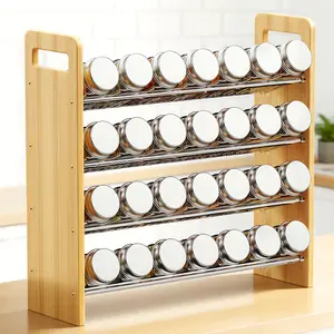Nieifi Clear & Wooden 4-Tier Spice Rack Holds 28 Jars Thickened Rustproof ABS Aesthetic Countertop Organizer for Kitchen Cabinets & Pantry Shelves kitchen organization