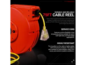 ReelWorks Mountable Retractable Extension Cord Reel - 12AWG x 80' Ft, 3 Grounded Outlets, Max 15A