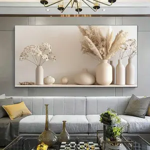 1 piece framed canvas painting - modern coffee color vase with dried flowers canvas poster, elegant wall painting for bedroom and living room decoration, dried flowers wall painting