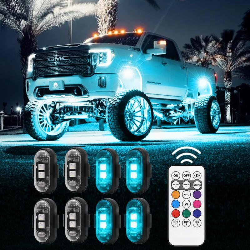 6 PCS - Underglow Kit RGB Lights Wireless Remote Control Cars Side Decoration Lamps, LED 8-Color Custom Lighting Rechargeable Strobe Footwell Ambient Light, Exterior Interior Decorative accessories Flash for SUV Truck Motorcycle Bike, waterproof