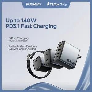 PISEN 30W 45W 65W 100W 140W USB C Charger PD3.1 GaN Fast Charger 3-Port Foldable Block with 6FT 240W Type-C Cable for MacBook Laptops Samsung iPad iPhone Series