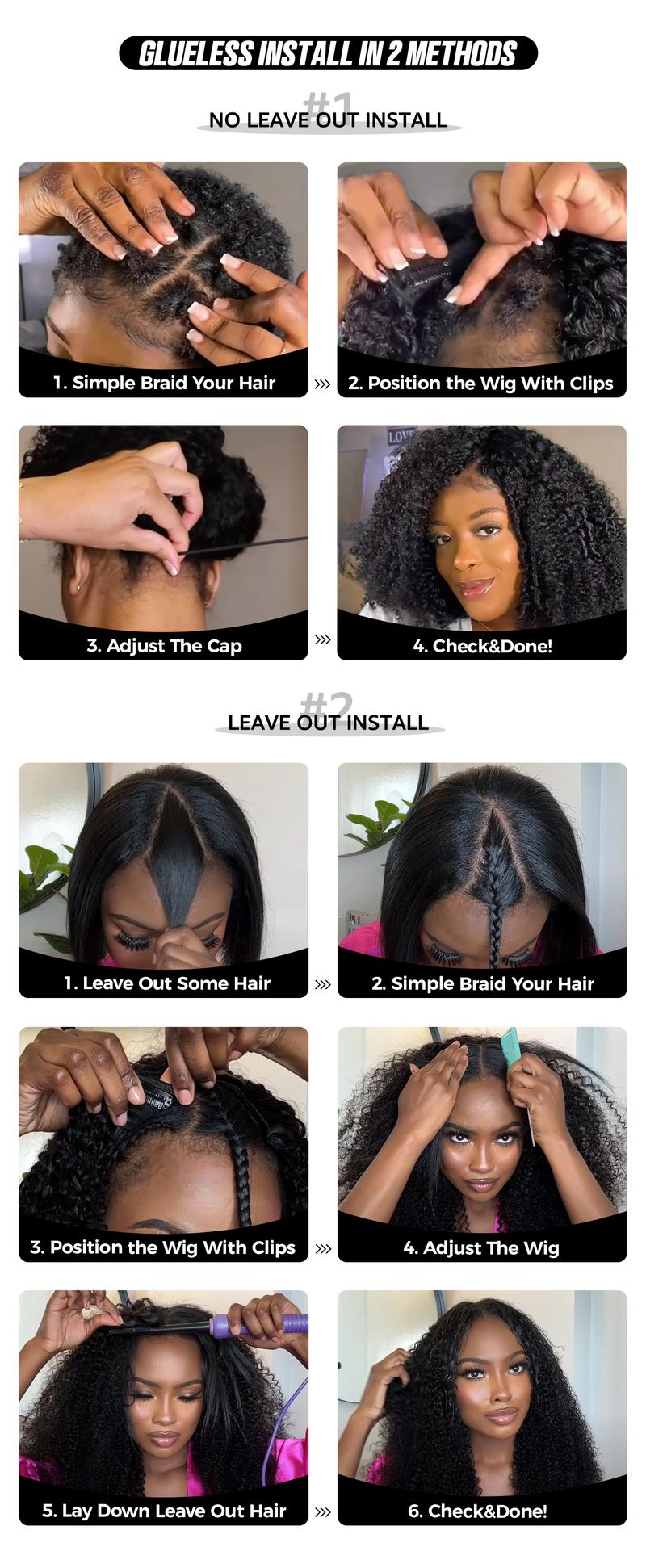 OQ HAIR Afro Curly Glueless V Part Wigs With Drawstring No Leave Out Thin Part Human Hair Wig Beginner Friendly Upgrade U part Wig Without Leave out
