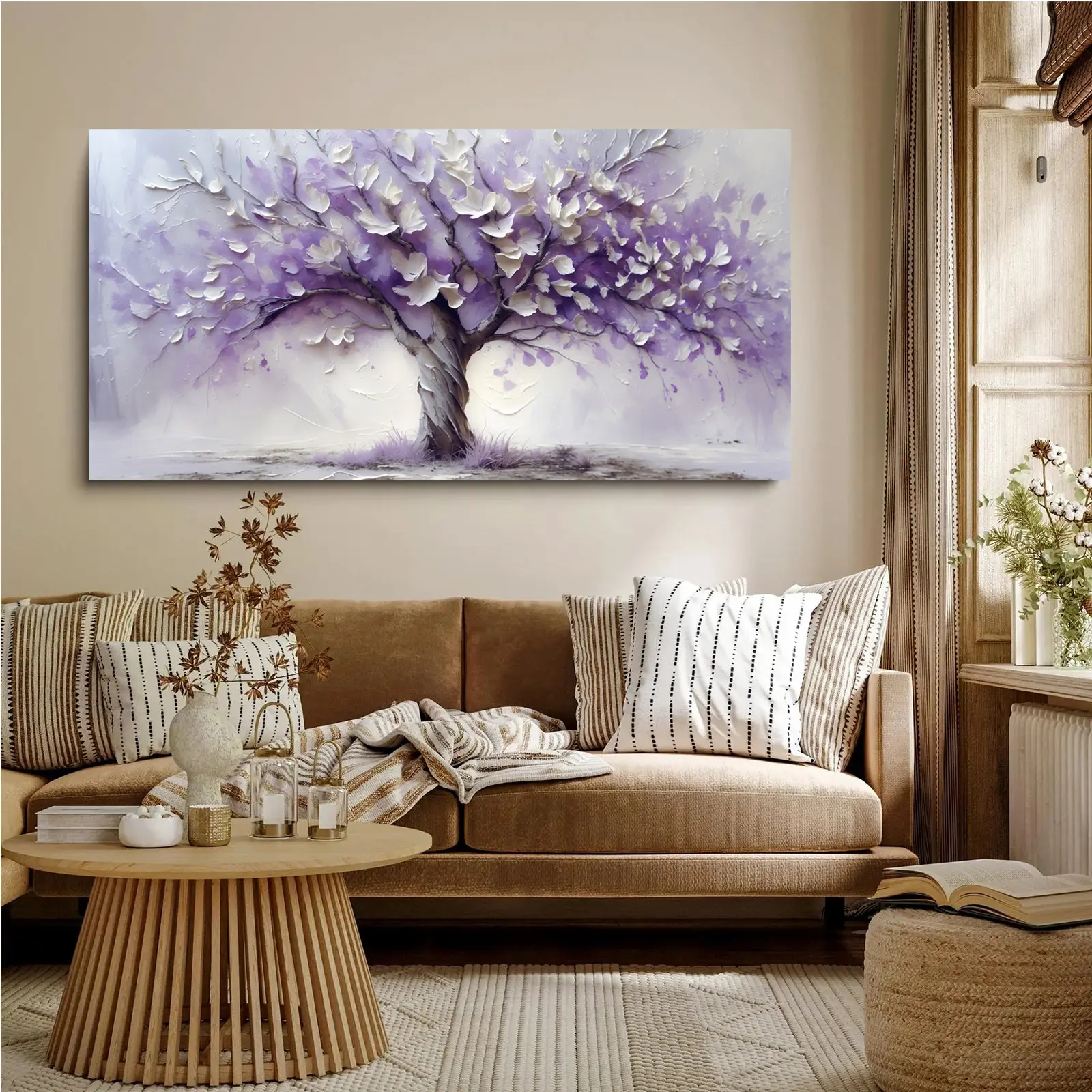 Unframed Canvas Art Print - Artistic Playful Purple Tree with White Blossoms Home Decor Accessory, Plants-Themed Wall Art for Living Room, Dining Room & Office Indoor Decoration