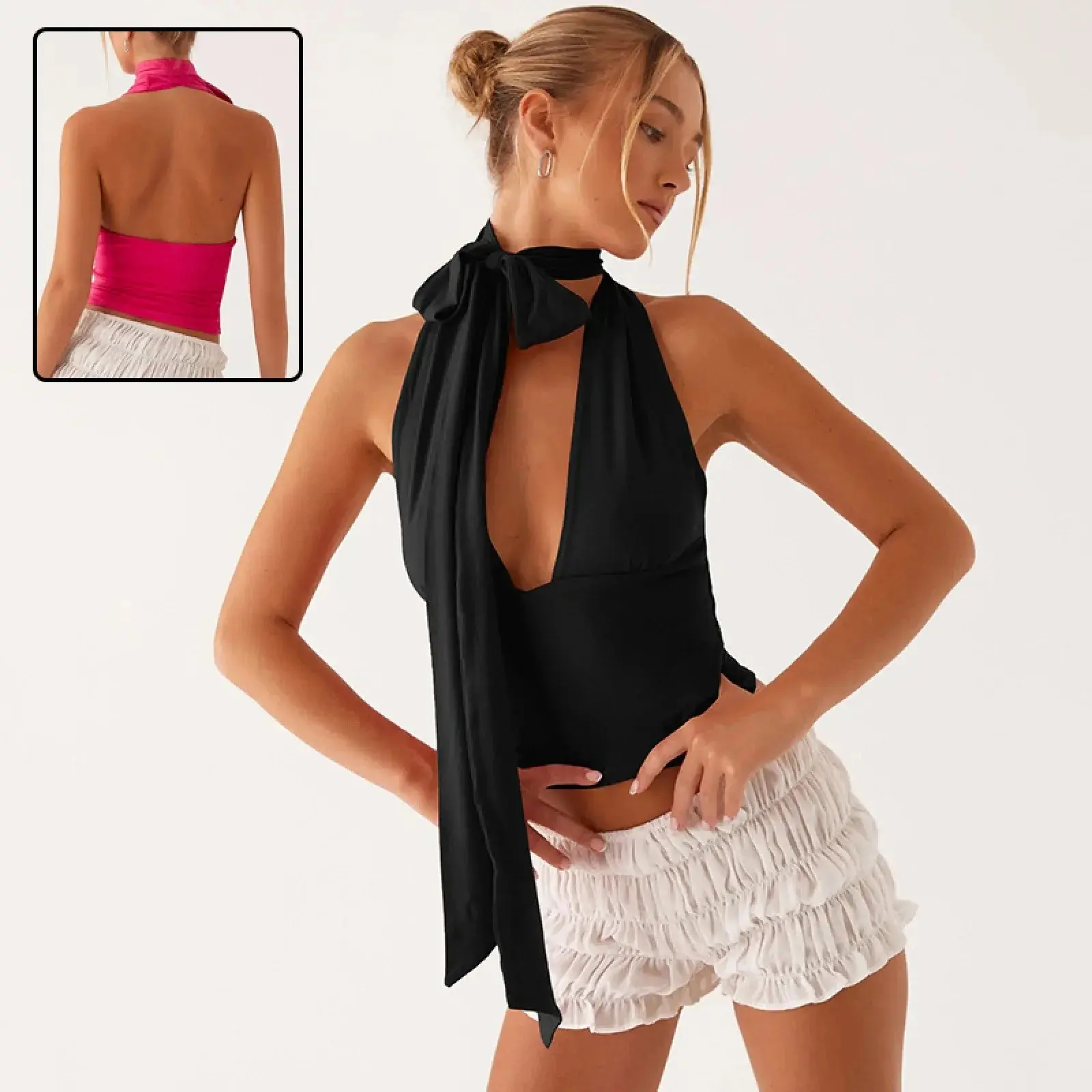 Y2K Tie-Front Deep V-Neck Halter Top for Women Summer Going Out Adjustable Backless